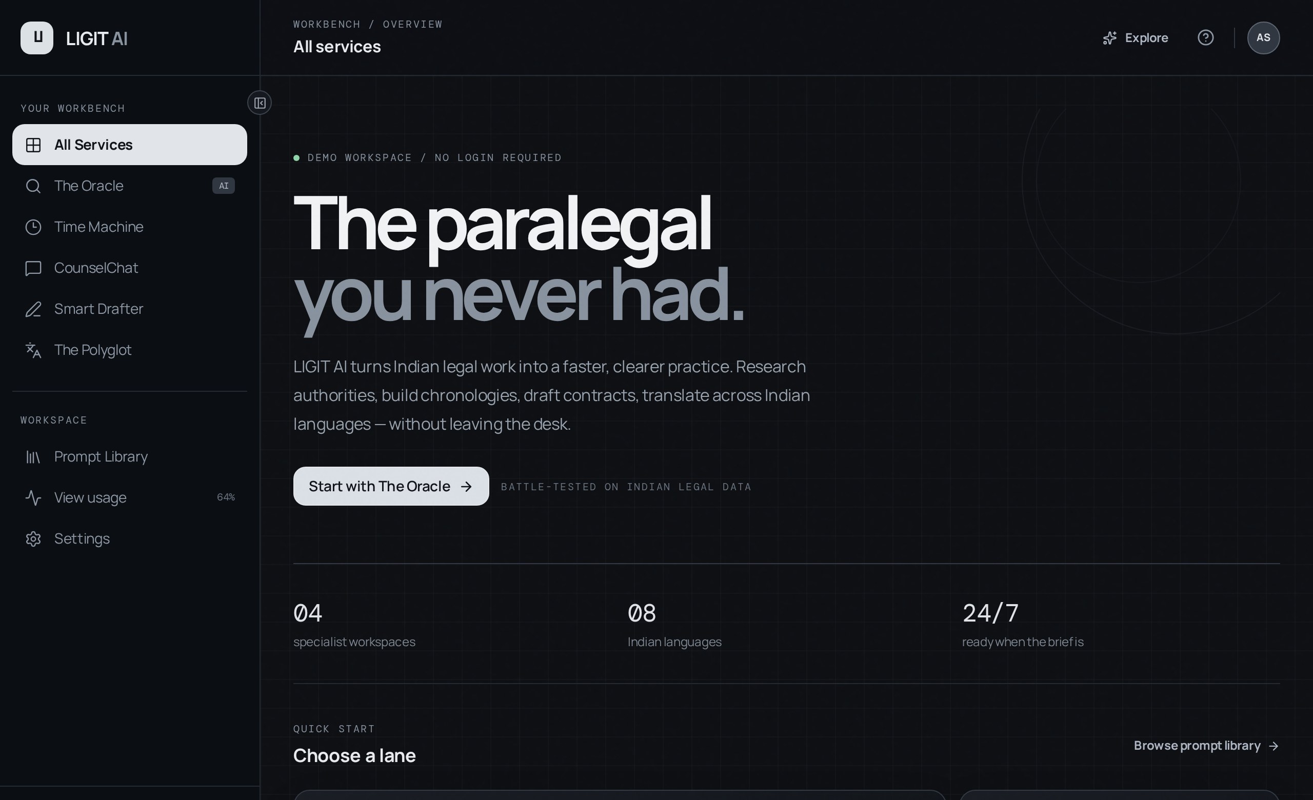Preview of the Ligit AI demo workspace showing the sidebar services and overview screen